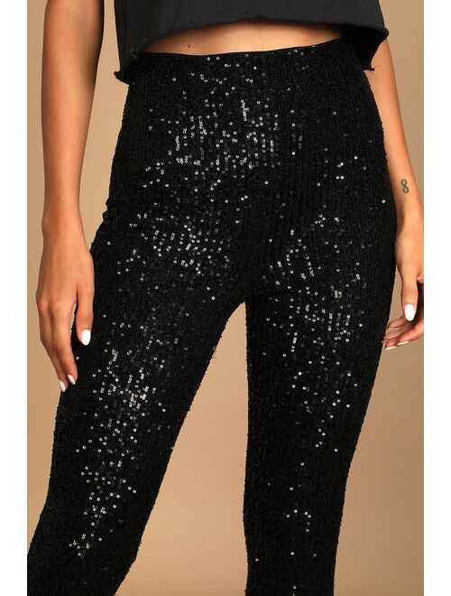 Lulus Party Perfection Black Sequin Slit Front High-Waisted Pants