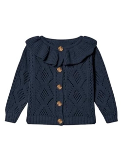 Haloumoning Girls Cardigan Knit Sweaters Ruffle School Uniform Sweater V Neck Button Outerwear 5-14 Years