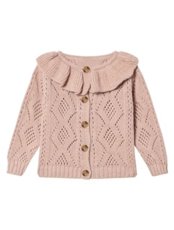 Haloumoning Girls Cardigan Knit Sweaters Ruffle School Uniform Sweater V Neck Button Outerwear 5-14 Years