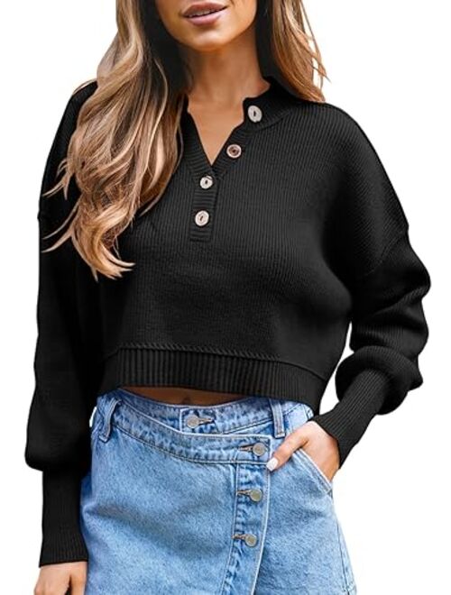 Saodimallsu Womens Oversized Cropped Sweaters Long Lantern Sleeve V Neck Button Henley Ribbed Knit Pullover Crop Tops