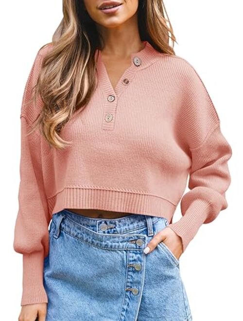 Saodimallsu Womens Oversized Cropped Sweaters Long Lantern Sleeve V Neck Button Henley Ribbed Knit Pullover Crop Tops