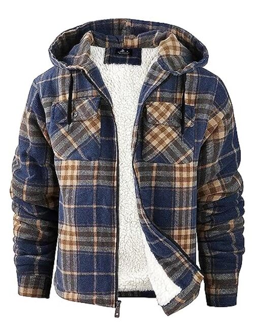 GEEK LIGHTING Men's Flannel Shirts Jacket Sherpa Lined Fleece Plaid Hoodie Long Sleeve Winter Warm Coat