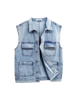 LONGBIDA Men's Denim Vest Slim Fit Multi-pocket Sleeveless Jean Jacket