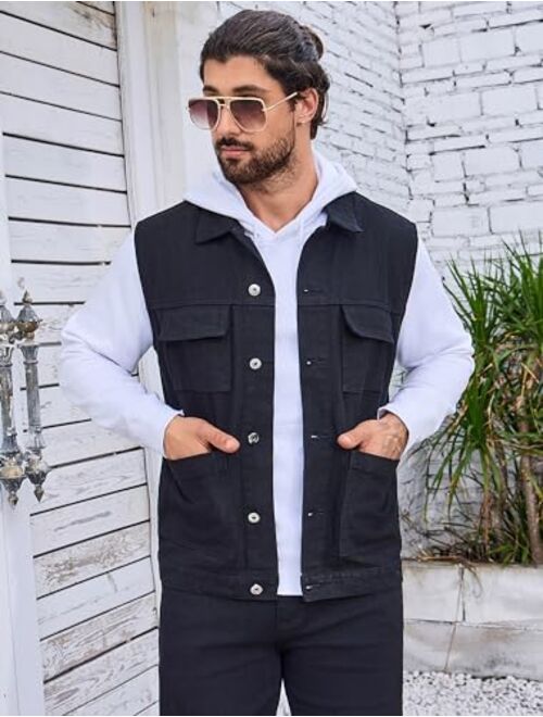 LONGBIDA Men's Denim Vest Slim Fit Multi-pocket Sleeveless Jean Jacket