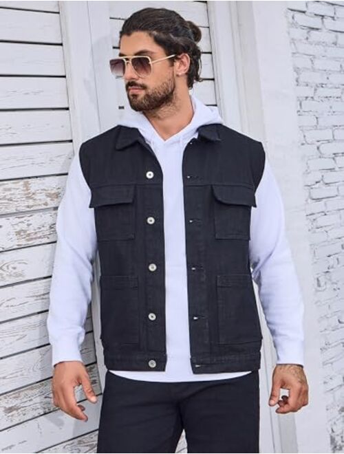 LONGBIDA Men's Denim Vest Slim Fit Multi-pocket Sleeveless Jean Jacket