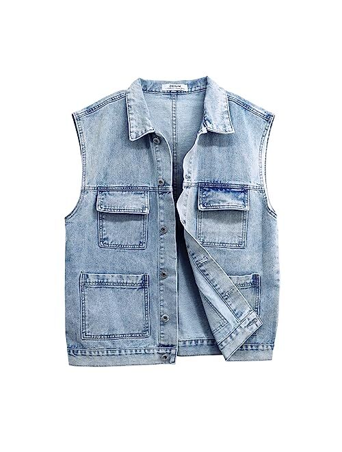 LONGBIDA Men's Denim Vest Slim Fit Multi-pocket Sleeveless Jean Jacket