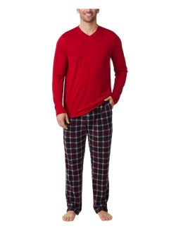 Men's Cabin 2-Pc. Solid Long-Sleeve V-Neck T-Shirt & Plaid Fleece Pajama Pants Set