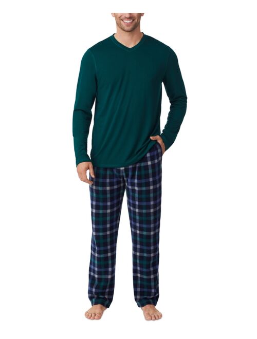 CUDDL DUDS Men's Cabin 2-Pc. Solid Long-Sleeve V-Neck T-Shirt & Plaid Fleece Pajama Pants Set