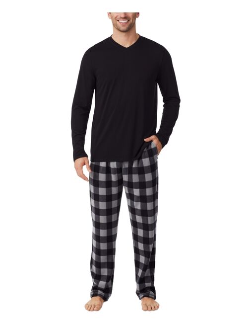 CUDDL DUDS Men's Cabin 2-Pc. Solid Long-Sleeve V-Neck T-Shirt & Plaid Fleece Pajama Pants Set