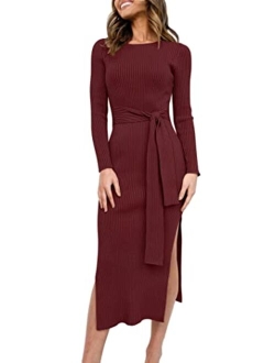 Caracilia Women's Crew Neck Long Sleeve Midi Sweater Dress Elegant Side Slit Rib Knit Slim Tie Waist Bodycon Dress with Belt