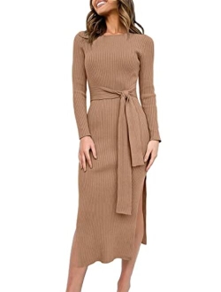 Caracilia Women's Crew Neck Long Sleeve Midi Sweater Dress Elegant Side Slit Rib Knit Slim Tie Waist Bodycon Dress with Belt