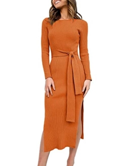 Caracilia Women's Crew Neck Long Sleeve Midi Sweater Dress Elegant Side Slit Rib Knit Slim Tie Waist Bodycon Dress with Belt