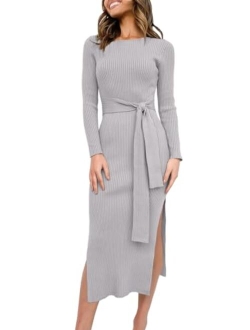 Caracilia Women's Crew Neck Long Sleeve Midi Sweater Dress Elegant Side Slit Rib Knit Slim Tie Waist Bodycon Dress with Belt