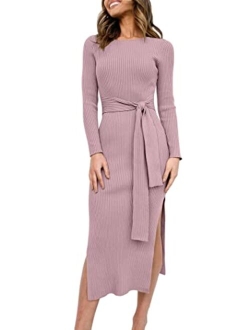 Caracilia Women's Crew Neck Long Sleeve Midi Sweater Dress Elegant Side Slit Rib Knit Slim Tie Waist Bodycon Dress with Belt