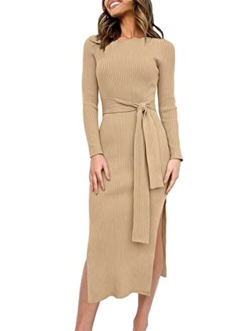 Caracilia Women's Crew Neck Long Sleeve Midi Sweater Dress Elegant Side Slit Rib Knit Slim Tie Waist Bodycon Dress with Belt