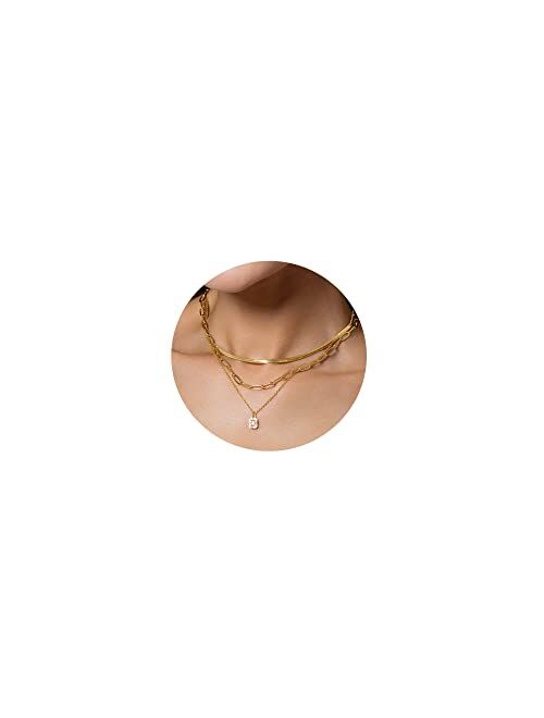 GMSOL Gold Layered Necklaces for Women Girls, 14K Real Gold Plated CZ Pendant Necklace, Dainty Flat Snake Chain Layering Choker Necklace for Gift