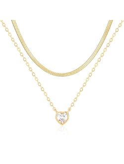 Lourny Gold Layered Necklace for Women, 18K Gold Plated CZ Pendant Necklace Trendy Dainty Snake Chain Necklace Crystal Heart Cross Necklace Jewelry Gifts for Girls