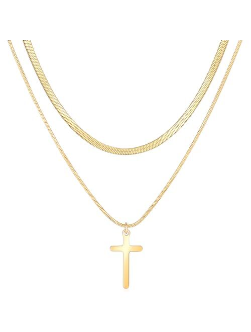 Lourny Gold Layered Necklace for Women, 18K Gold Plated CZ Pendant Necklace Trendy Dainty Snake Chain Necklace Crystal Heart Cross Necklace Jewelry Gifts for Girls