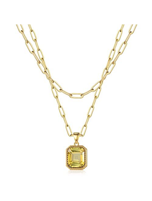 M MOOHAM Layered Birthstone Necklace for Women, 14k Real Gold Plated Paper Clip Necklace with Birthstone Pendant Dainty Gold Necklace for Teen Girls Special Gifts for Wom