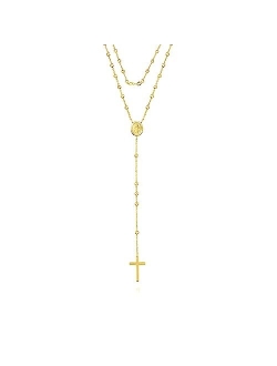 Savlano 925 Sterling Silver 1.5MM Beaded Rosary Miraculous Medallion & Cross Pendant Necklace -18K Gold Plated 19 Inches Y-Necklace Chain for Women, Religious Jewelry Com