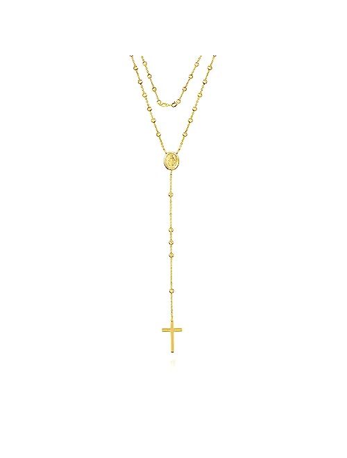 Savlano 925 Sterling Silver 1.5MM Beaded Rosary Miraculous Medallion & Cross Pendant Necklace -18K Gold Plated 19 Inches Y-Necklace Chain for Women, Religious Jewelry Com