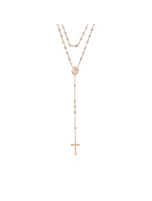 Savlano 925 Sterling Silver 1.5MM Beaded Rosary Miraculous Medallion & Cross Pendant Necklace -18K Gold Plated 19 Inches Y-Necklace Chain for Women, Religious Jewelry Com