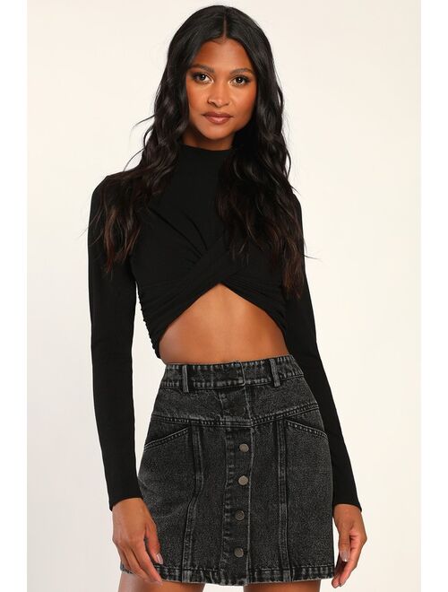 Lulus Real Babe Black High Waisted Button-Up Denim Mini Skirt