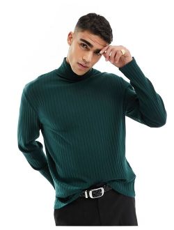 long sleeved roll neck rib t-shirt in dark green