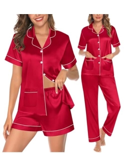 SWOMOG Womens 3pcs Silk Pajama Set Satin Short Sleeve Sleepwear With 2 Pockets Button Down Pjs Loungewear