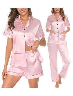 SWOMOG Womens 3pcs Silk Pajama Set Satin Short Sleeve Sleepwear With 2 Pockets Button Down Pjs Loungewear