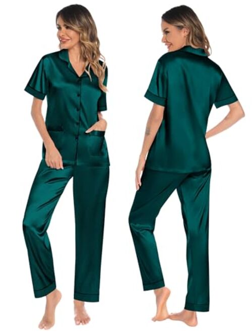 SWOMOG Womens 3pcs Silk Pajama Set Satin Short Sleeve Sleepwear With 2 Pockets Button Down Pjs Loungewear