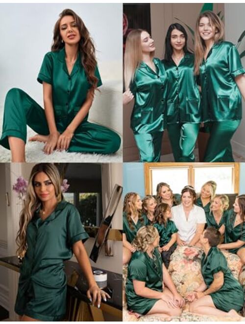 SWOMOG Womens 3pcs Silk Pajama Set Satin Short Sleeve Sleepwear With 2 Pockets Button Down Pjs Loungewear