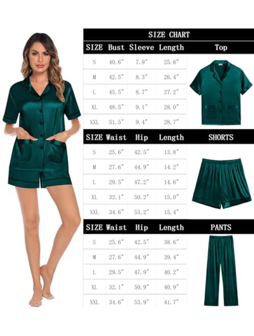 SWOMOG Womens 3pcs Silk Pajama Set Satin Short Sleeve Sleepwear With 2 Pockets Button Down Pjs Loungewear