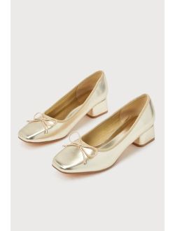 Shula Gold Low Heel Bow Ballet Pumps