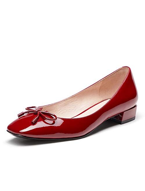 FSJ Women Cute Bows Ballet Slip on Square Closed Toe Low Heel Slide Pumps Patent Leather Casual Dress Shoes Size 4-15 US