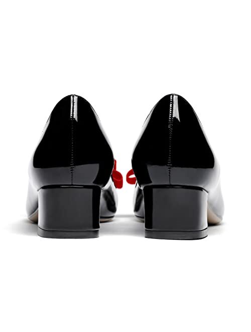 WAYDERNS Women's Patent Leather Bow Slip On Round Toe Chunky Low Heel Pumps Shoes 1.5 Inch