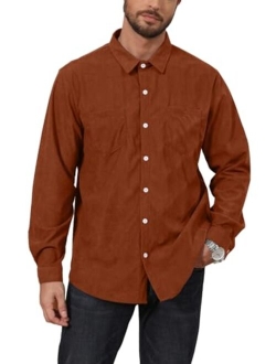 PICKLION Men's Corduroy Button Down Shirts Long Sleeve Casual Solid Color Trench Shirts with Pockets