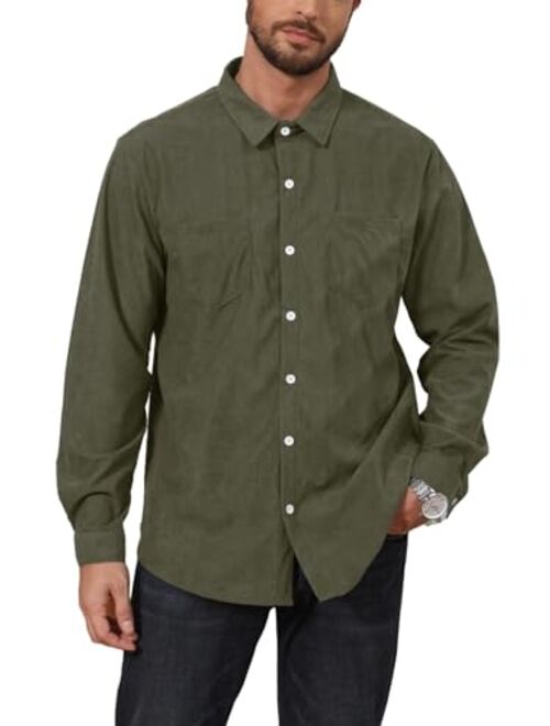 PICKLION Men's Corduroy Button Down Shirts Long Sleeve Casual Solid Color Trench Shirts with Pockets