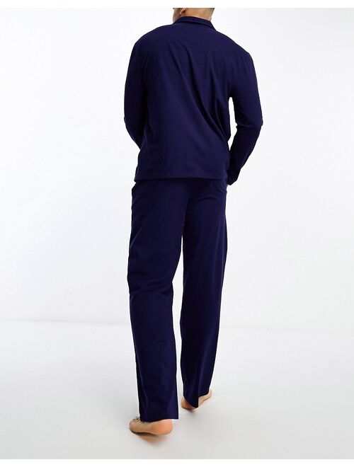 ASOS DESIGN pajama set with long sleeve shirt and pants in navy jersey