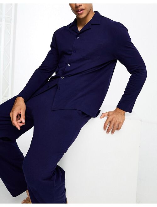 ASOS DESIGN pajama set with long sleeve shirt and pants in navy jersey