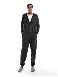 lounge onesie in black fleece