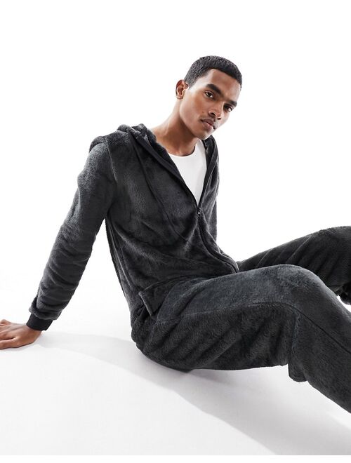 ASOS DESIGN lounge onesie in black fleece