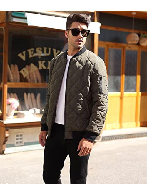 Pretifeel Mens Bomber Jackets Diamond Quilted Fall Winter Rib Varsity Lightweight Coat