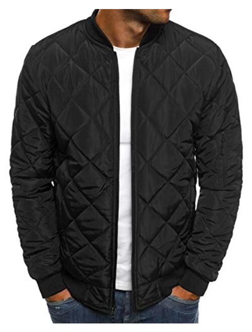 Pretifeel Mens Bomber Jackets Diamond Quilted Fall Winter Rib Varsity Lightweight Coat