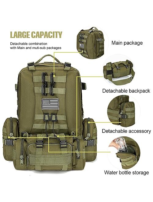 CALUOMATT Large Military Tactical Backpack for Men, 50-60L Military Backpack for Men and Women, Bug out Bag Army 3 Days Assault Pack Bag Rucksack with Molle System