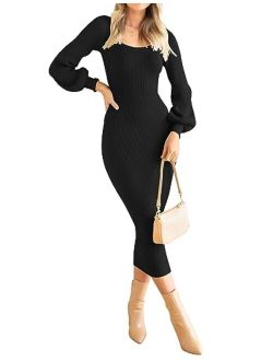 Women's 2023 Square Neck Sweater Dress Puff Long Sleeve Slim Fit Bodycon Fall Winter Ribbed Knit Dresss