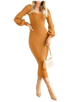 Women's 2023 Square Neck Sweater Dress Puff Long Sleeve Slim Fit Bodycon Fall Winter Ribbed Knit Dresss