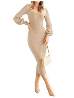 Women's 2023 Square Neck Sweater Dress Puff Long Sleeve Slim Fit Bodycon Fall Winter Ribbed Knit Dresss