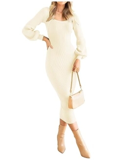 Women's 2023 Square Neck Sweater Dress Puff Long Sleeve Slim Fit Bodycon Fall Winter Ribbed Knit Dresss