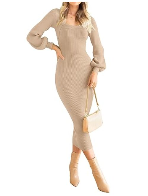 ZESICA Women's 2023 Square Neck Sweater Dress Puff Long Sleeve Slim Fit Bodycon Fall Winter Ribbed Knit Dresss